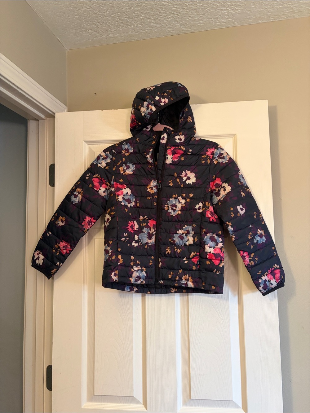 GAP Girls' Floral Hooded Puffer Jacket - Navy, Pink & Purple